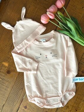 NWT’s Carter's Pink Bunny Face Bubble Romper with bunny ears Hat for baby girl